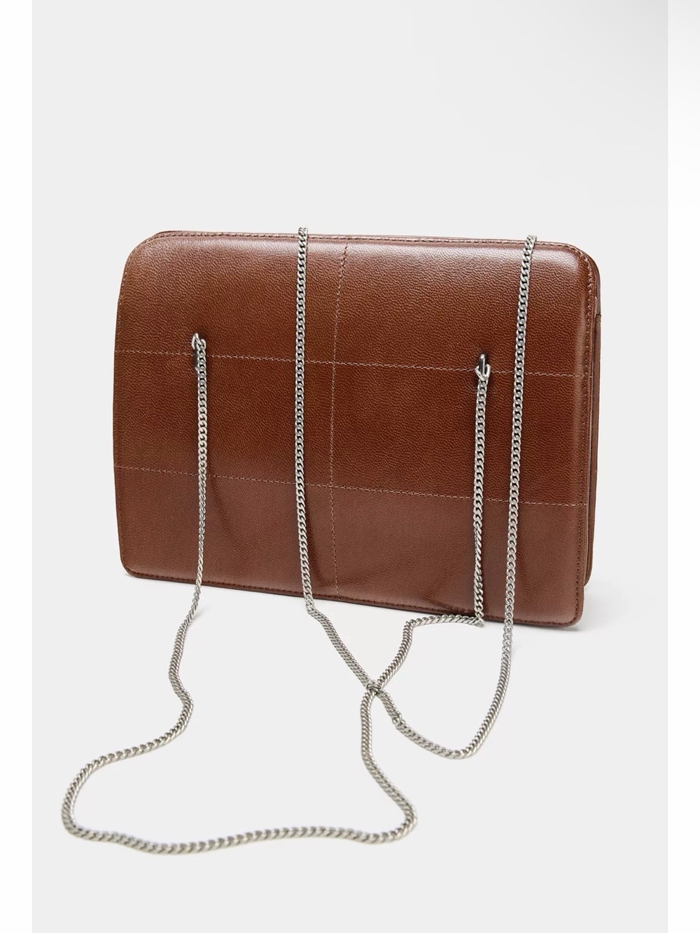 Zara Chocolate Leather Rigid Bag with Silver Chain Strap